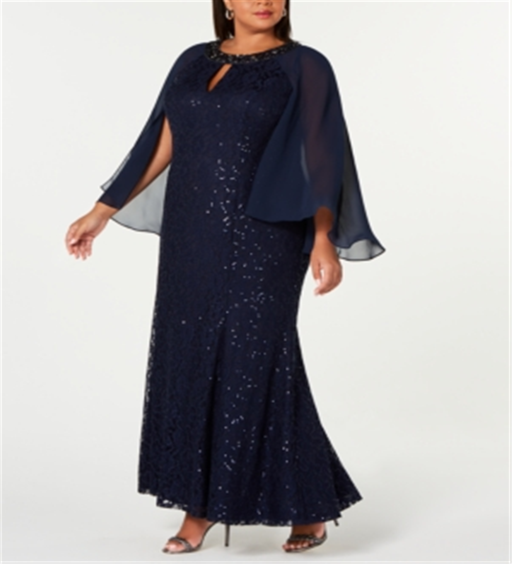 SL Fashions Women's Lace Capelet Gown Blue Size 18W
