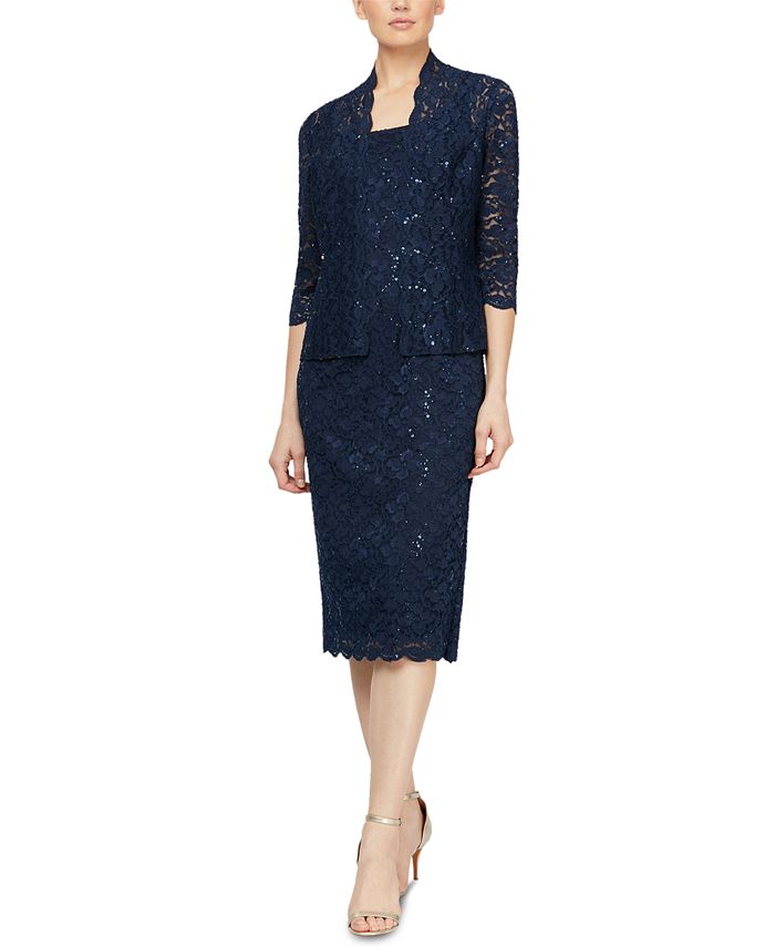 SL Fashions Women's 2 Pc Lace Jacket & Midi Dress Set Blue Size 14
