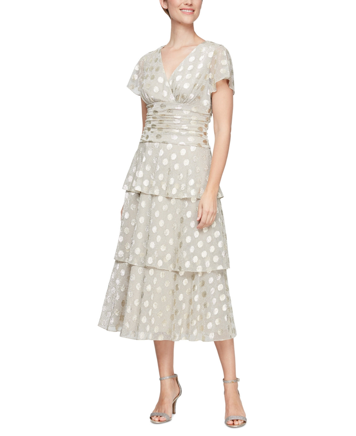 SL Fashions Women's Metallic Dotted Ruched Waist Dress Brown Size 12