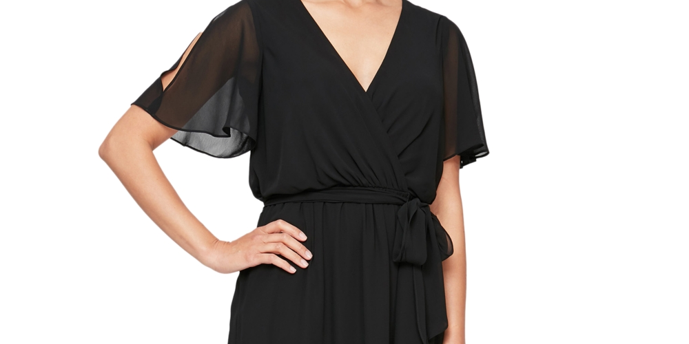 SL Fashions Women's Ruffled Wrap Dress Black Size 14
