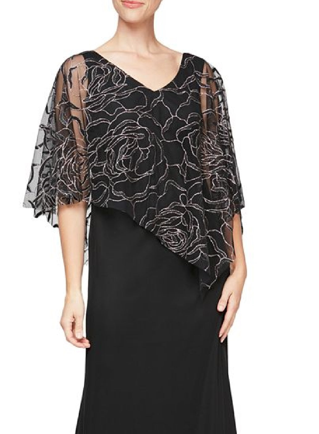 SL Fashions Women's Floral Glitter Popover V Neck Gown Black Size 8