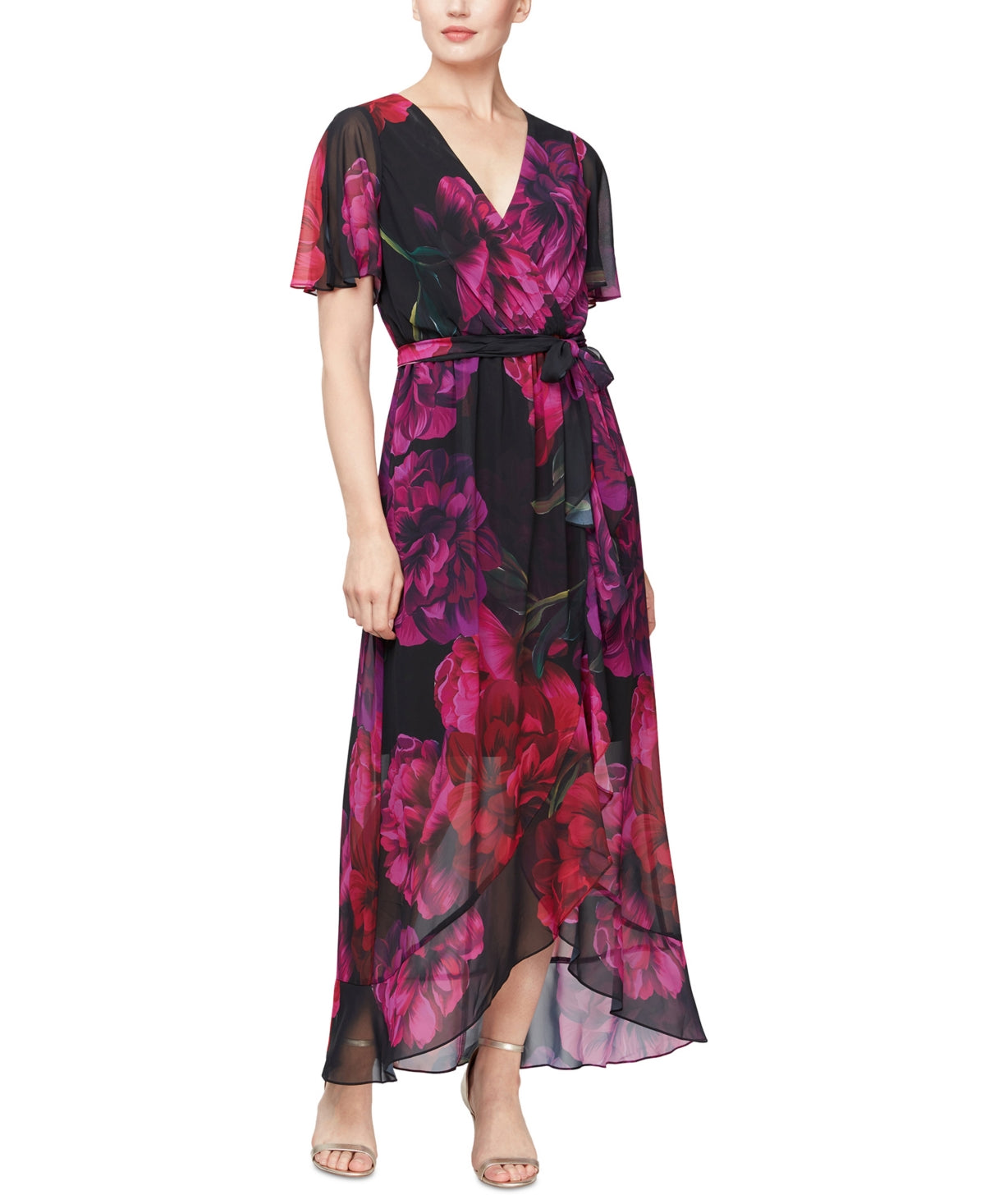 SL Fashions Women's Printed Faux Wrap Maxi Dress Black Size 6