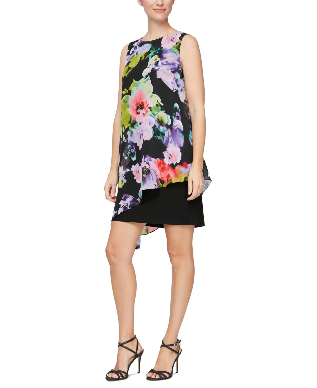 SL Fashions Women's Printed Asymmetrical Overlay Dress Black Size 14