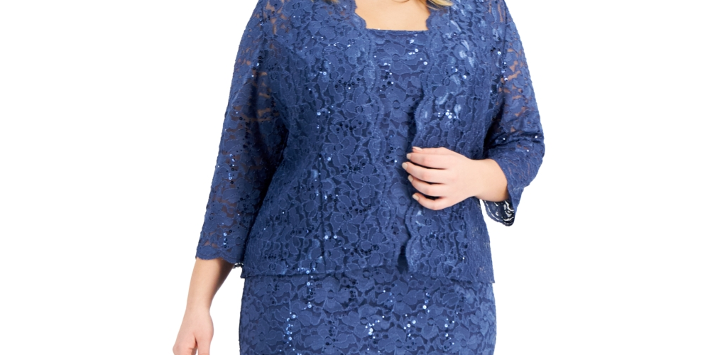SL Fashions Women's 2 Pc Lace Jacket & Sheath Dress Blue Size Petite Small