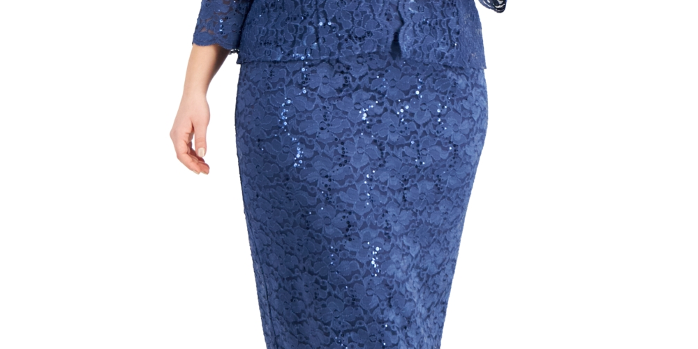 SL Fashions Women's 2 Pc Lace Jacket & Sheath Dress Blue Size Petite Small