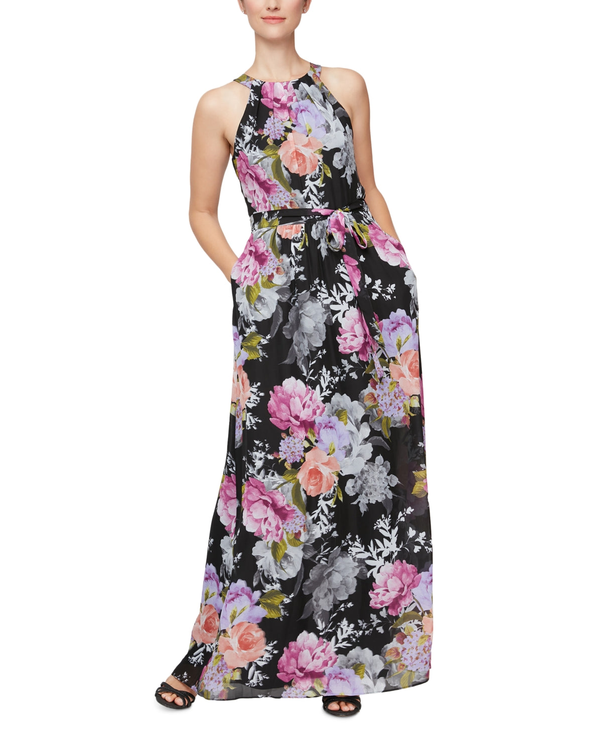 SL Fashions Women's Belted Halter Maxi Dress Black Size 12