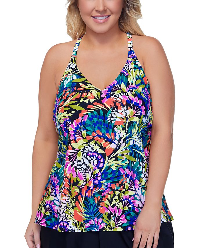 Island Escape Women's V Neck Adjustable Underwire Tankini Swimsuit Top Black Size 22W