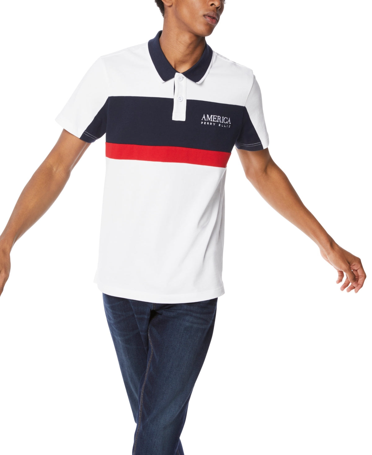 Perry Ellis Men's Colour Block Jersey Polo Shirt White Size Medium
