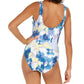 DKNY Women's Moire Floral Printed Ruffled One Piece Swimsuit Blue Size 16