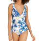 DKNY Women's Printed Stretch Removable Cups Deep V Neck Moderate Coverage One Piece Swimsuit Blue Size 8