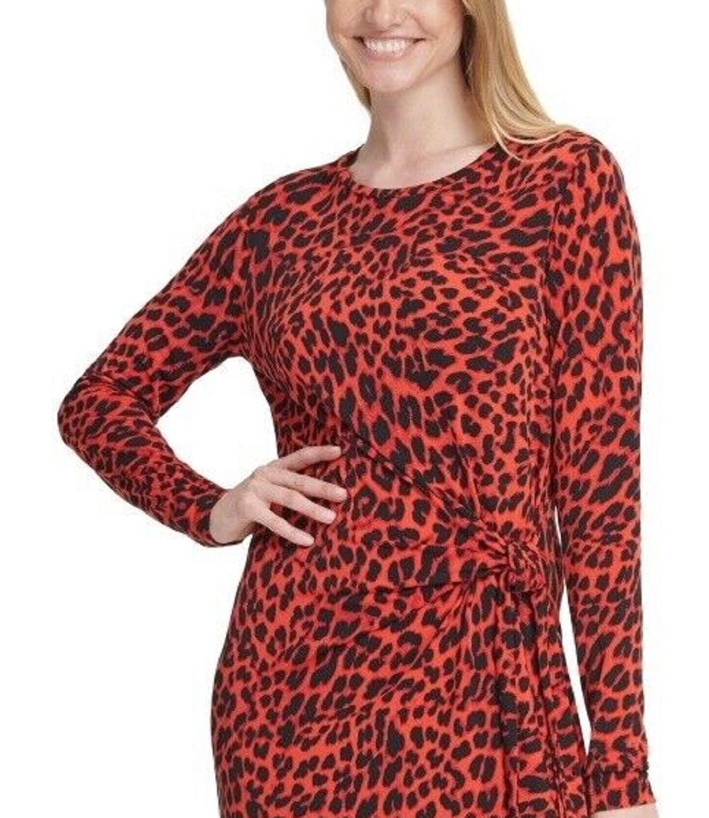 DKNY Women's Animal Print Knot Front Dress Red Size Medium