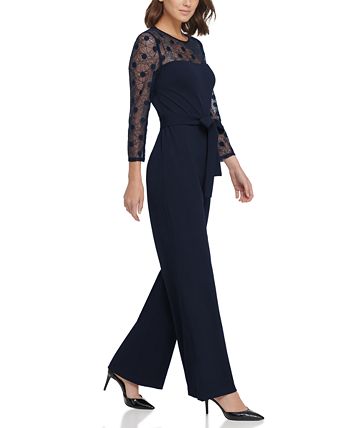 DKNY Women's 3/4 Sleeve Wide Leg Evening Jumpsuit Blue Size 14