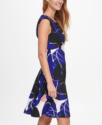 DKNY Women's Abstract Print Pleat Neck Fit & Flare Dress Blue Size 14