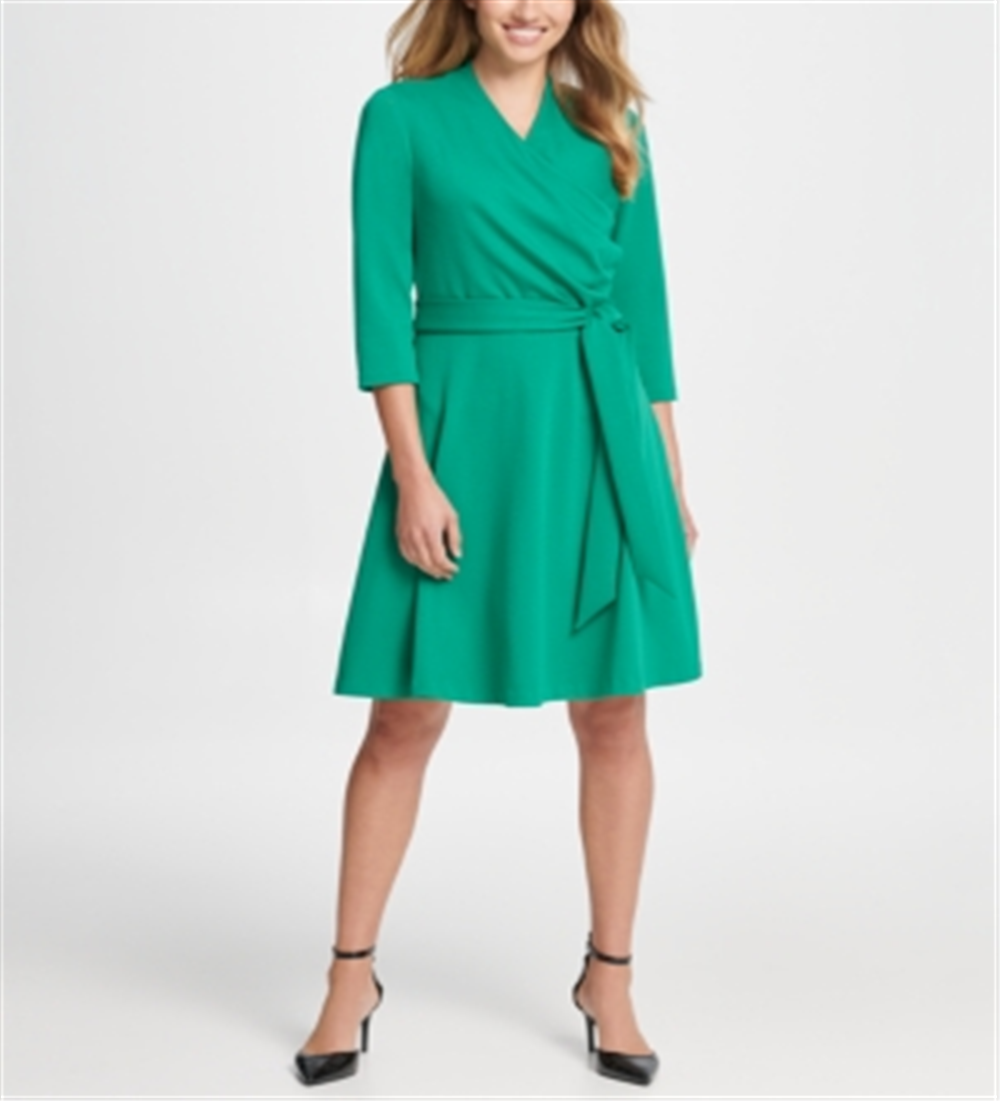 DKNY Women's Surplice Ponte Fit & Flare Dress Green Size 12