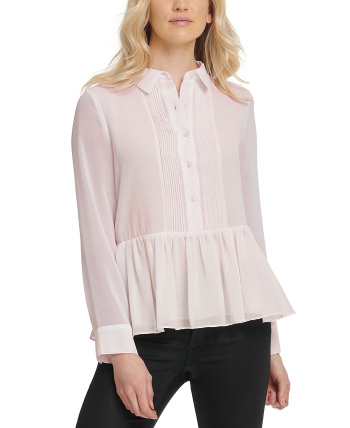 DKNY Women's Long Sleeve Collared Top Pink Size X-Large
