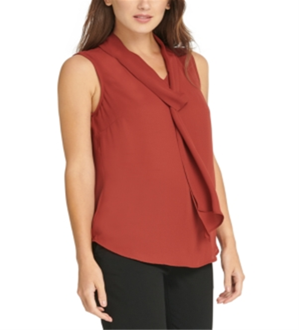 DKNY Women's Tie Neck Sleeveless Top Brown Size Petite X-Small