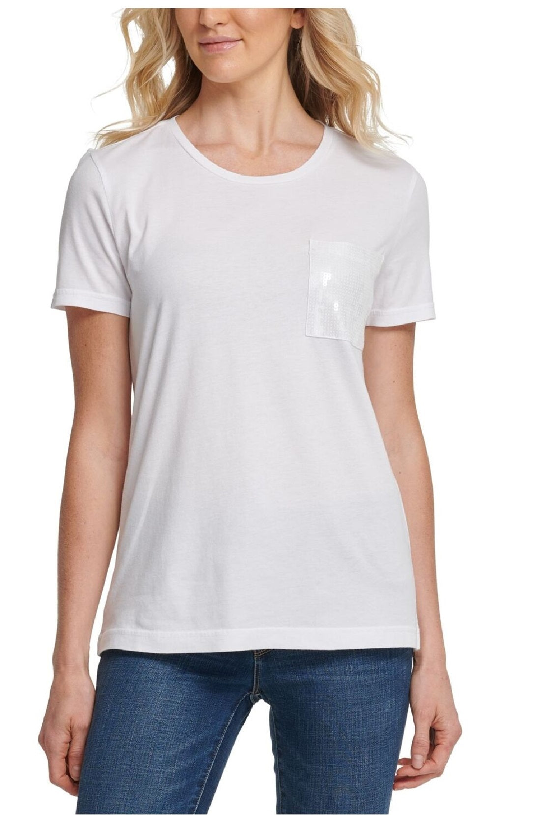 DKNY Women's Sequined Short Sleeve Crew Neck T-Shirt Top White Size X-Large
