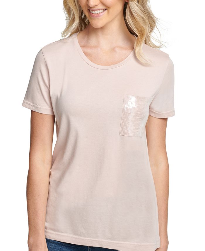 DKNY Women's Sequined Short Sleeve Crew Neck T-Shirt Top Pink Size Large