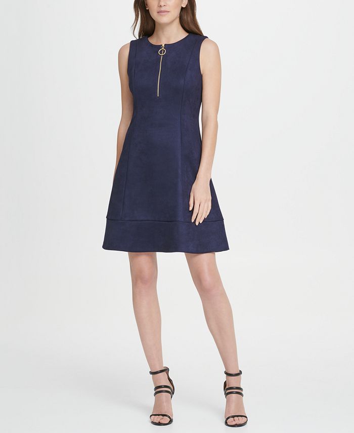 DKNY Women's Suede Zip Fit Flare Dress Blue Size 4