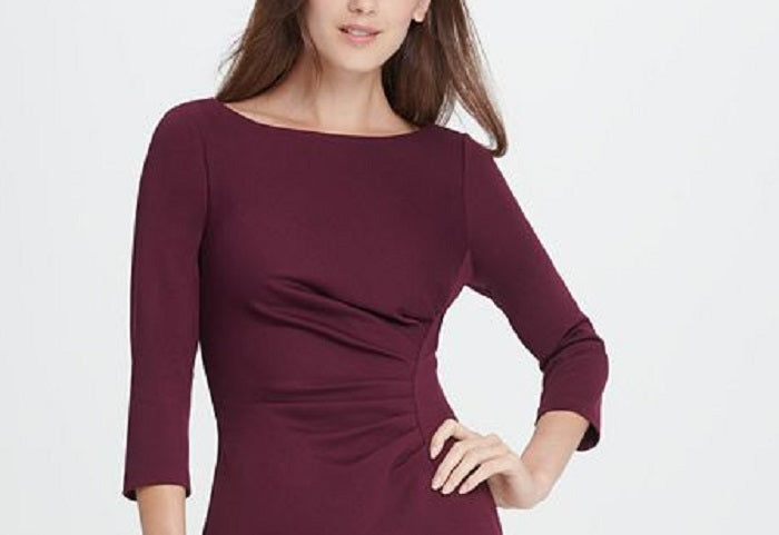 DKNY Women's Ruffled 3/4 Sleeve Jewel Neck Above the Knee Sheath Wear to Work Dress Red Size 14