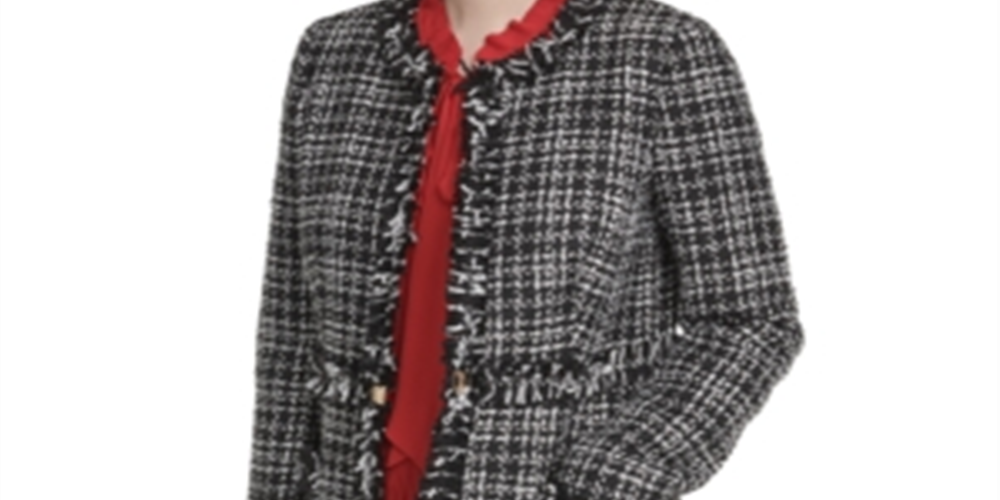 DKNY Women's Tweed Plaid Topper Jacket Black Size 10