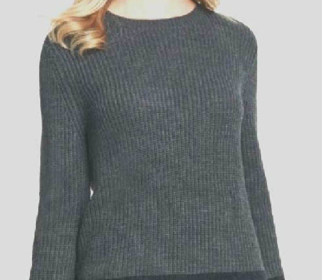 DKNY Women's Faux Fur Printed Long Sleeve Crew Neck Sweater Gray Size Small