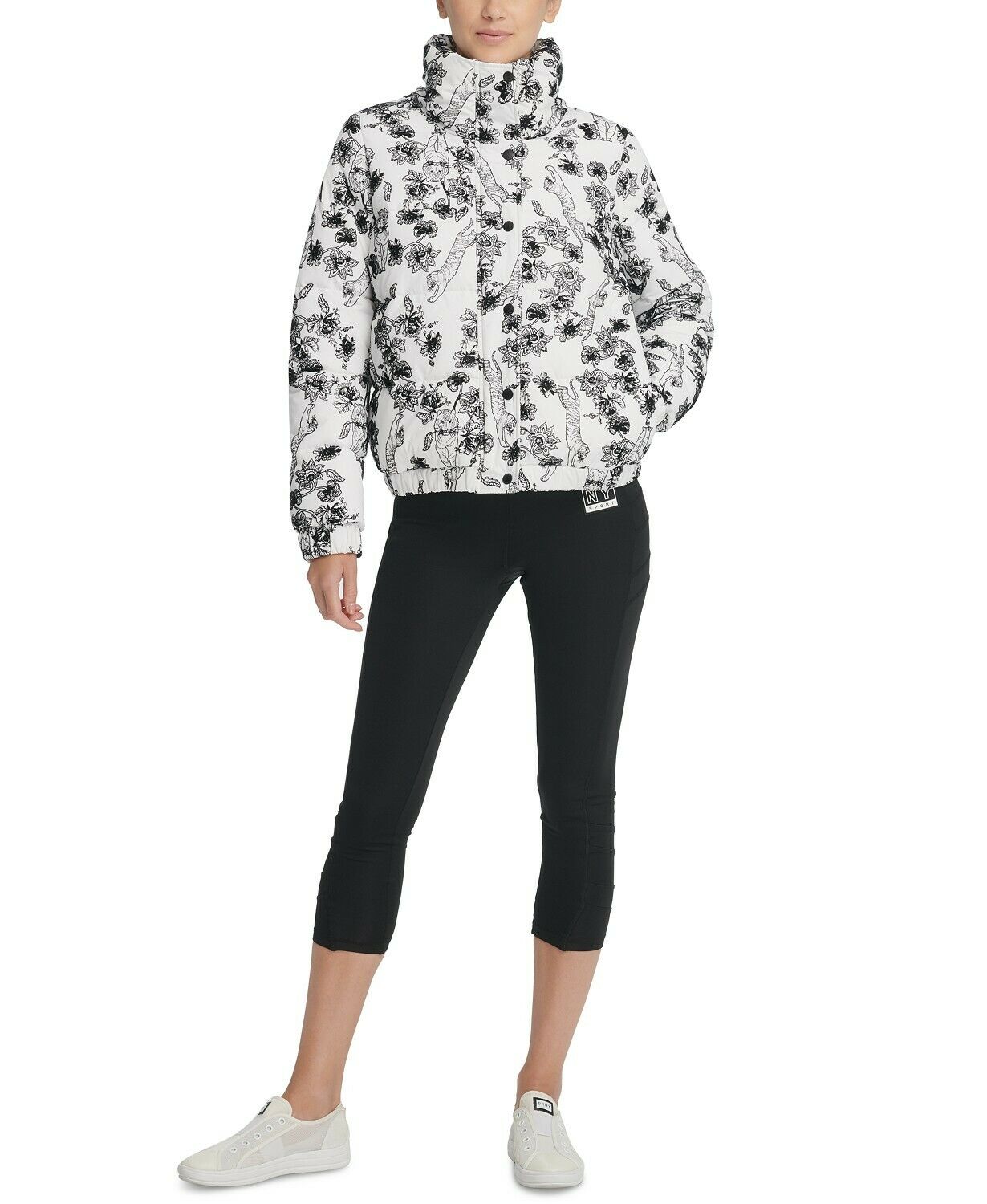 DKNY Women's Zippered Pocketed Textured Button Floral Long Sleeve Mock Neck Puffer Winter Jacket White Size Large