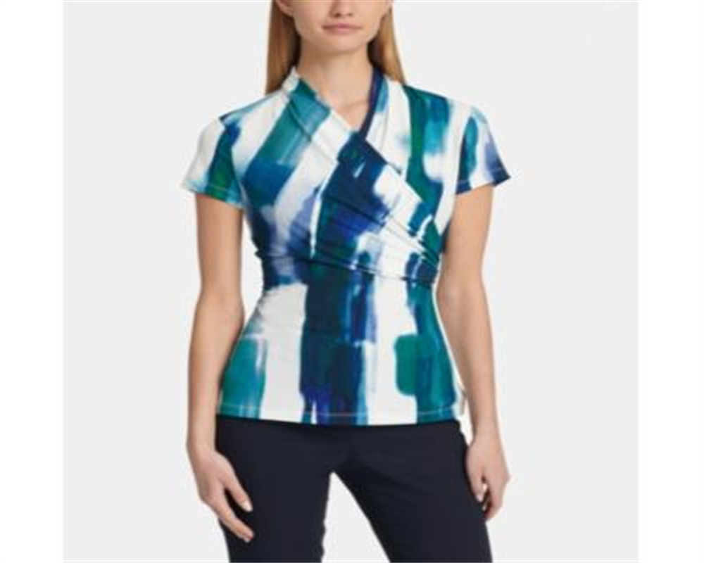 DKNY Women's Printed Short Sleeve V Neck Top Blue Size Large