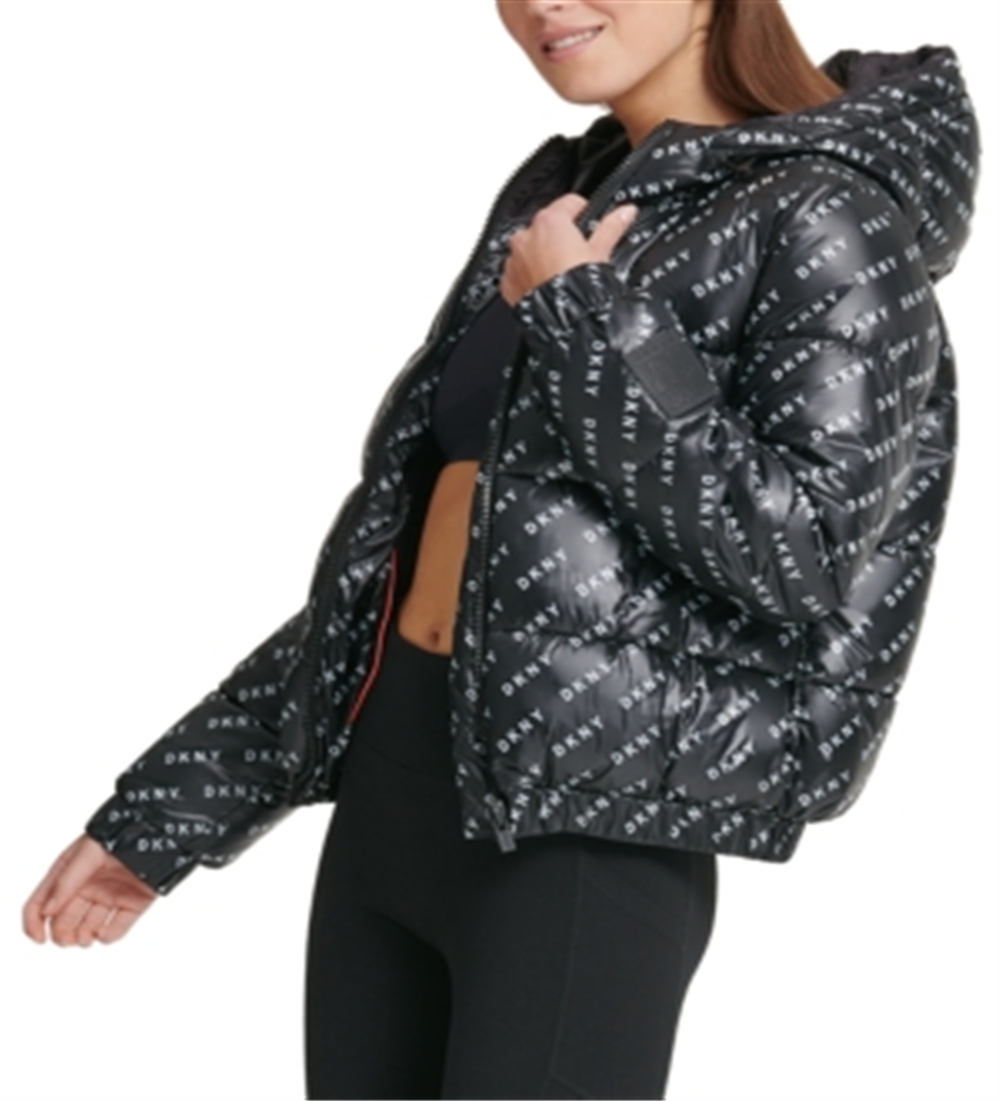 DKNY Women's Logo Print Hooded Jacket Black Size X-Large