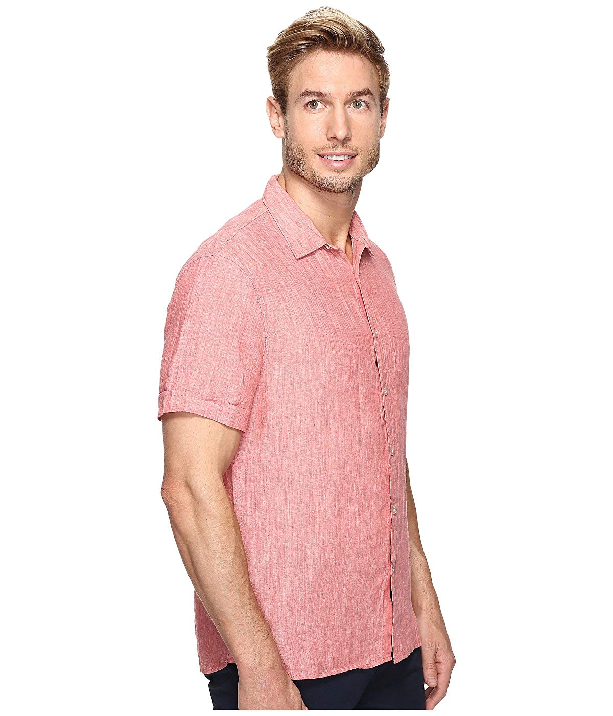 Perry Ellis Men's Short Sleeve Solid Linen Chambray Shirt Red Size Medium