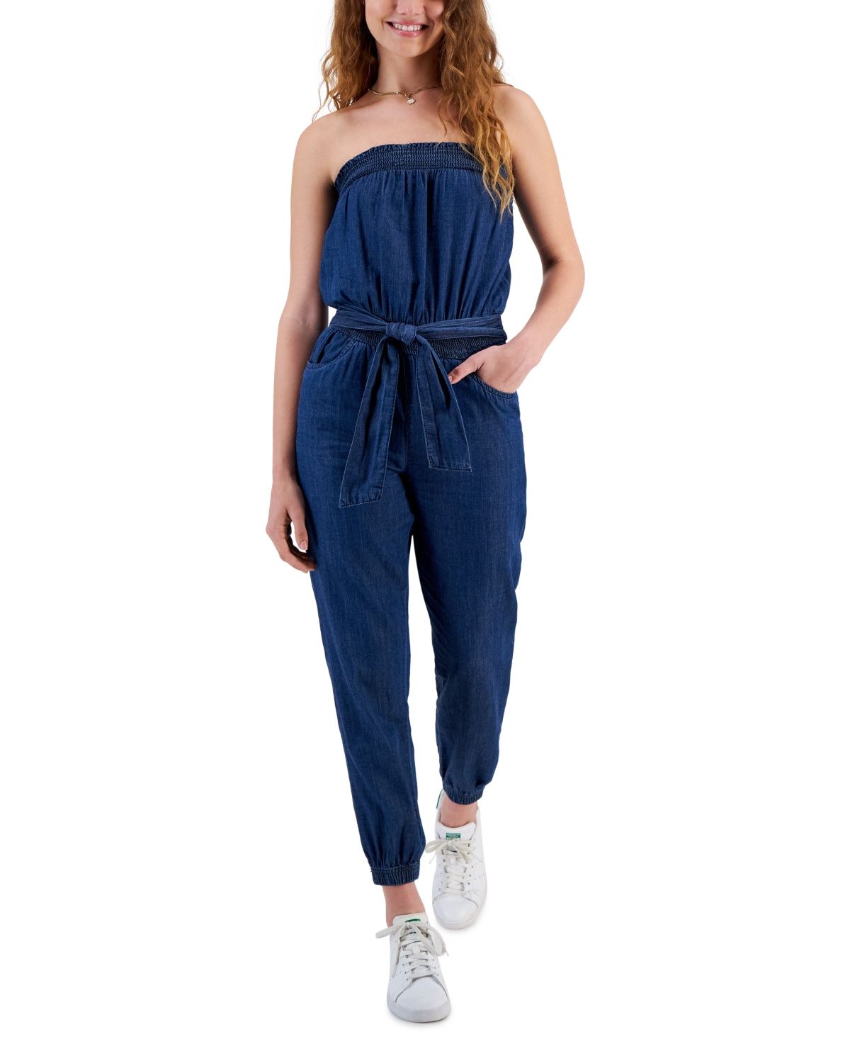 Dollhouse Junior's Denim Strapless Smocked Jumpsuit Blue Size Large