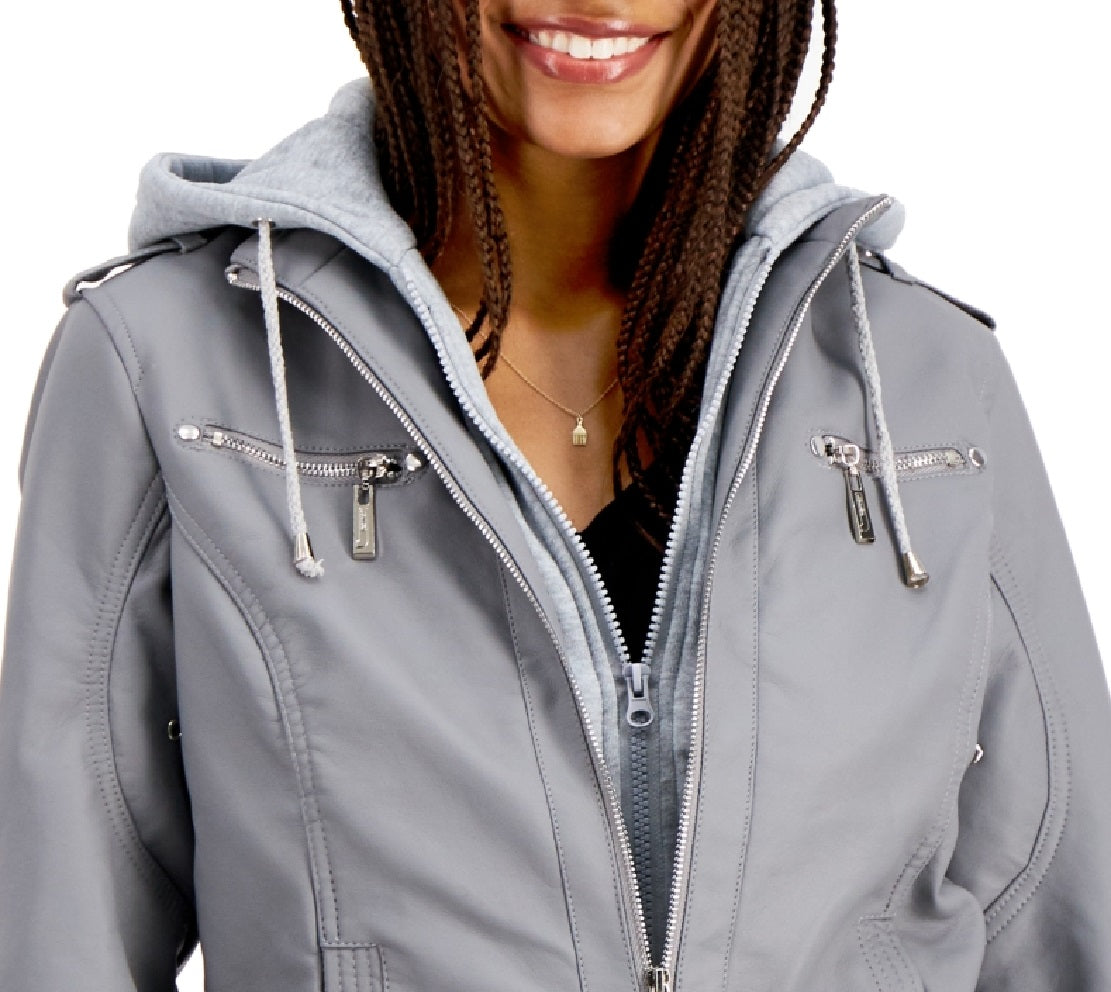 Jou Jou Junior's Hooded Faux Leather Moto Jacket Gray Size X-Large