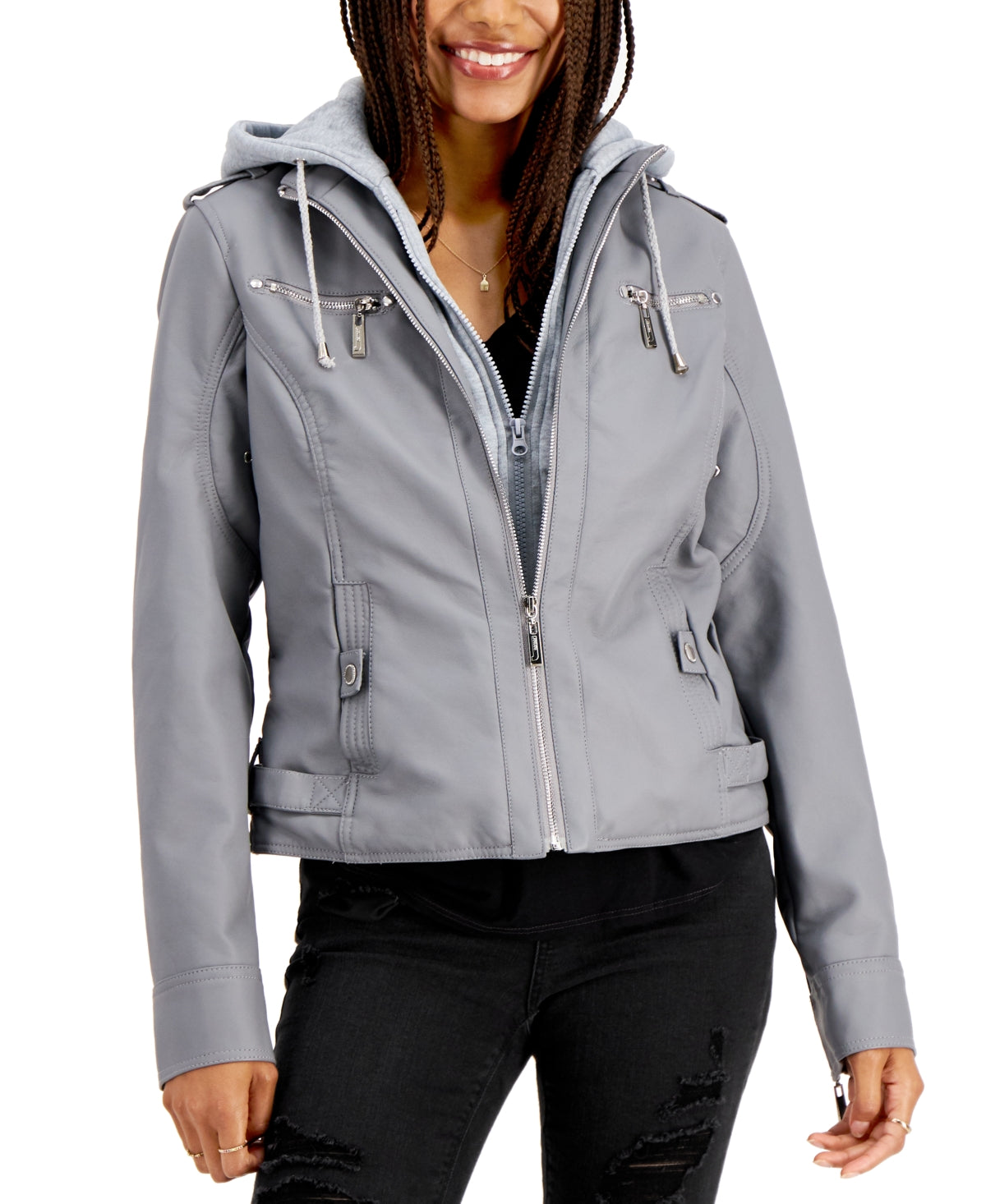 Jou Jou Junior's Hooded Faux Leather Moto Jacket Gray Size X-Large