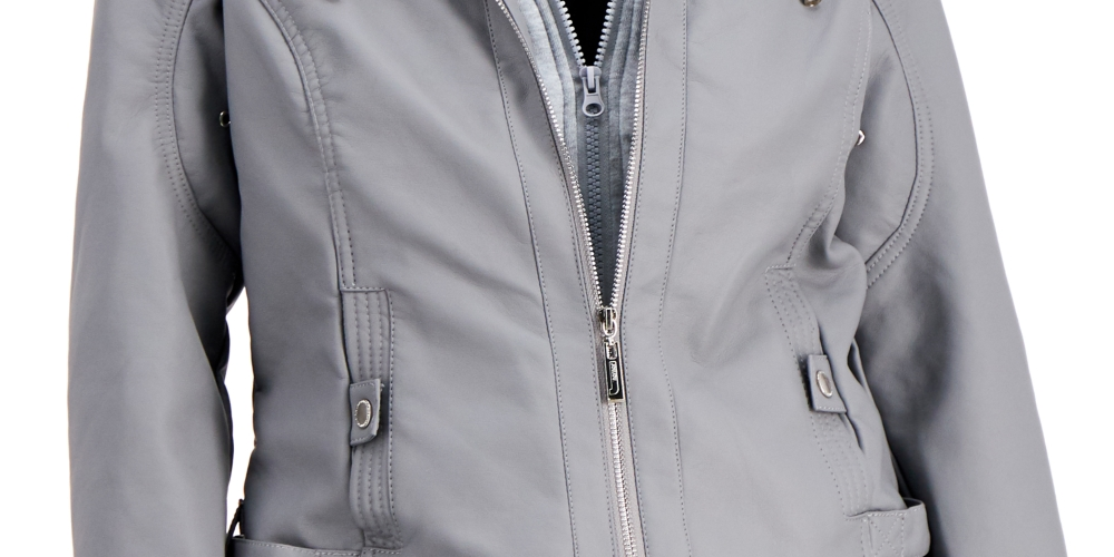 Jou Jou Junior's Hooded Faux Leather Moto Jacket Gray Size X-Large