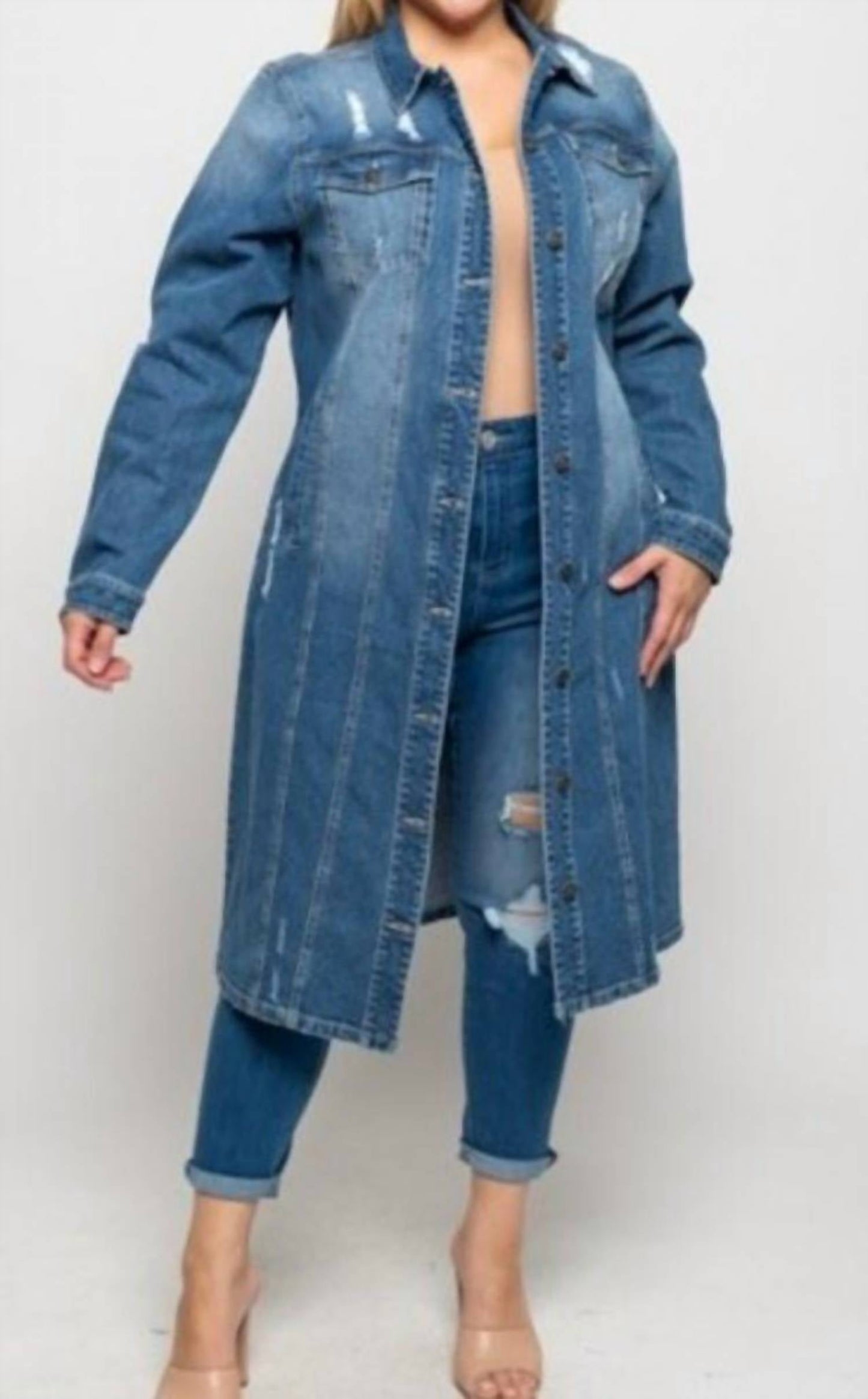 Curve Market - Distressed Denim Duster Jacket