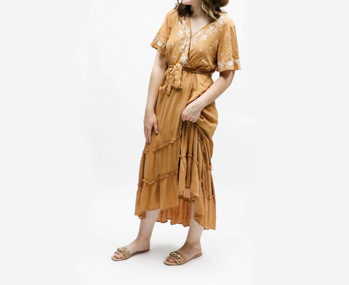 Polagram - Floral Embroidered Ruffle Midi Maxi Dress
