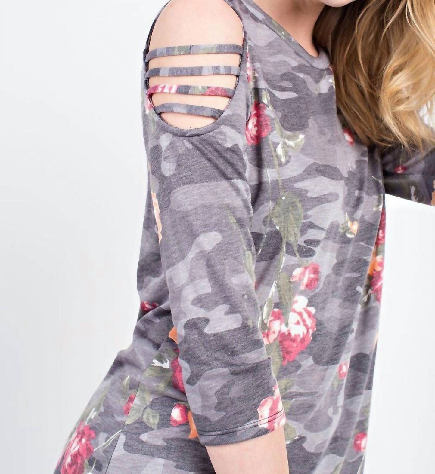 12Pm By Mon Ami - Floral Cold Shoulder 3/4 Sleeve Top