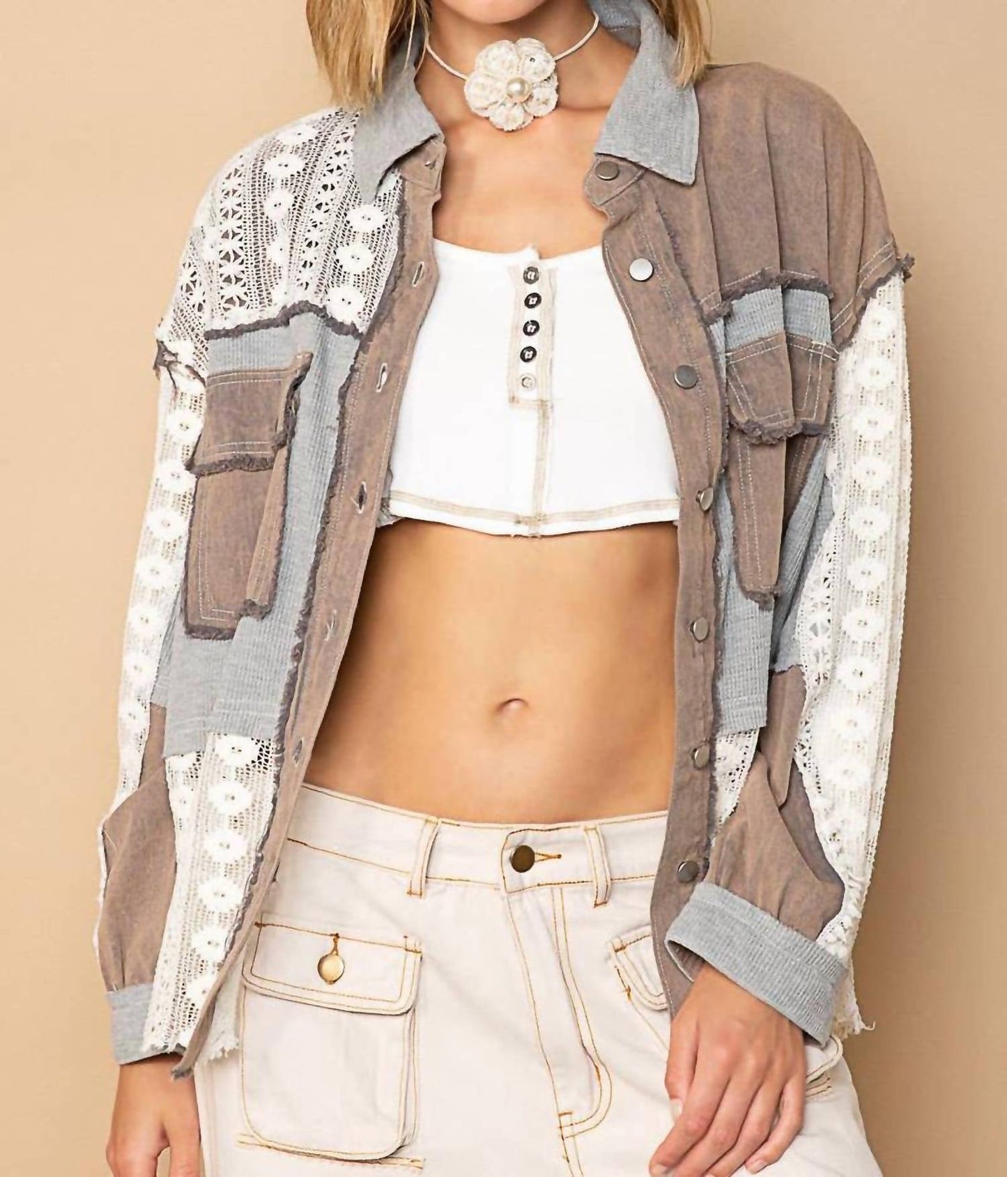 Pol - Oversized Contrast Lace Crochet Collared Button Down Shirt