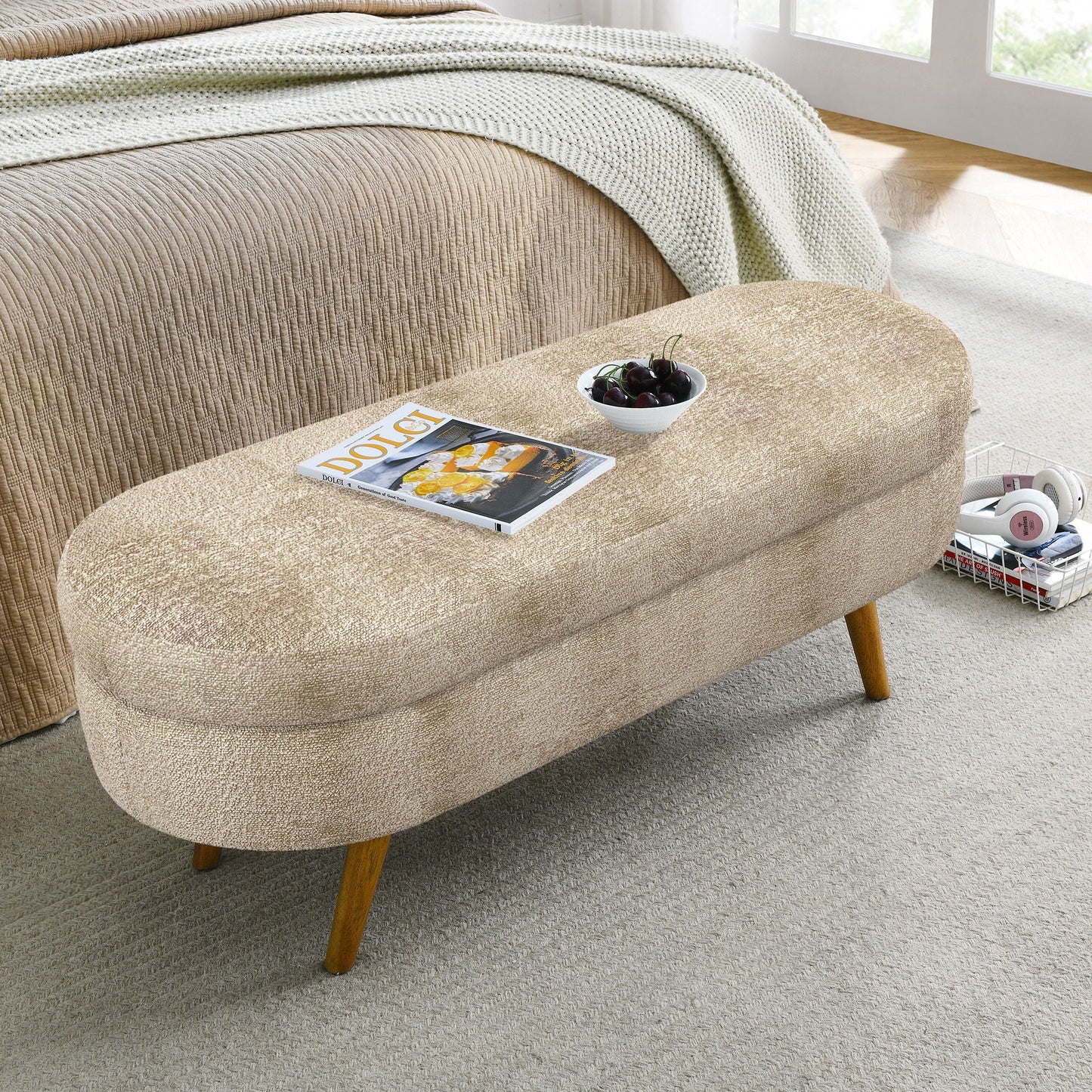 Modern Ottoman Oval Storage Bench With Rubber Wood Legs