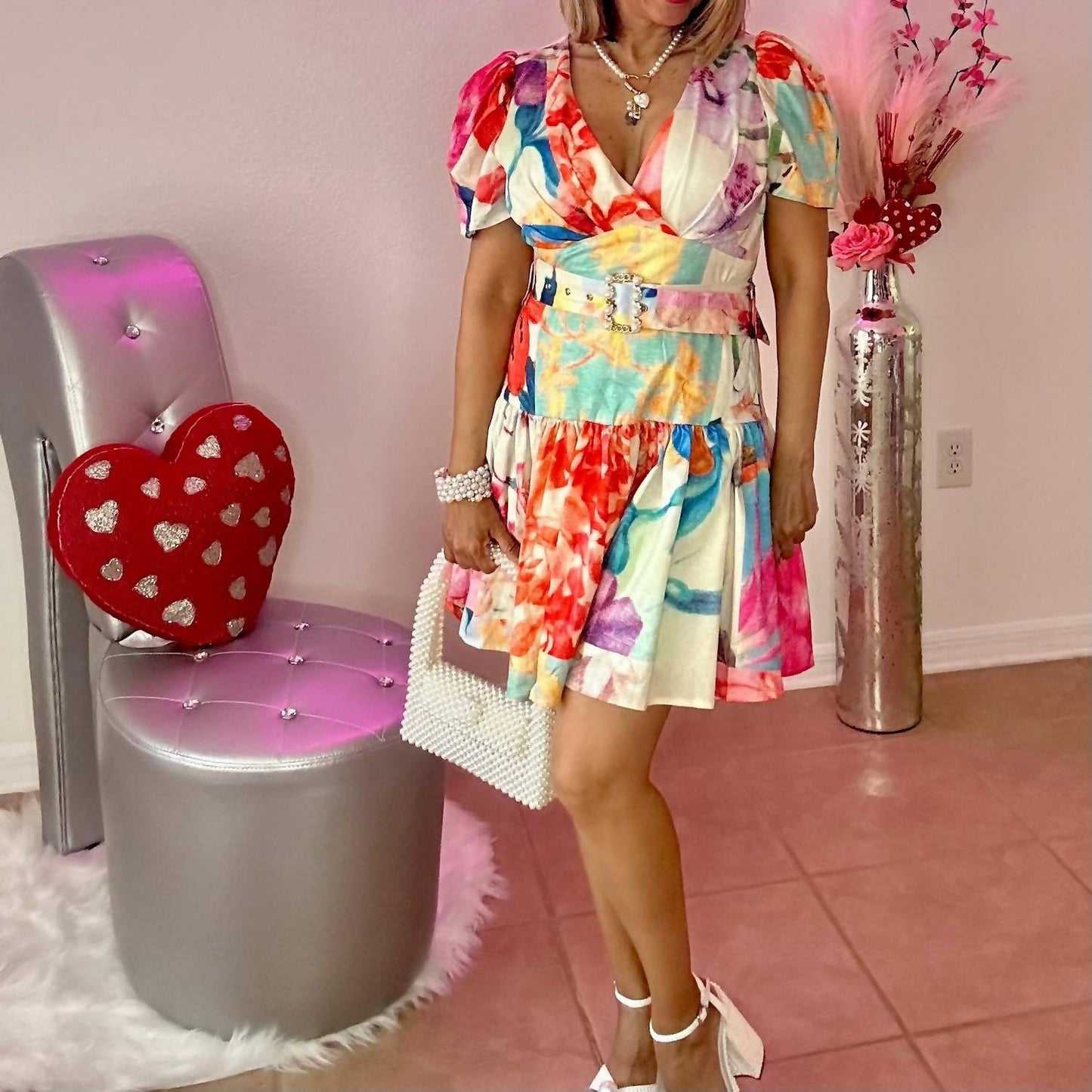 A.Peach - Floral Belted Tiered Mini Dress