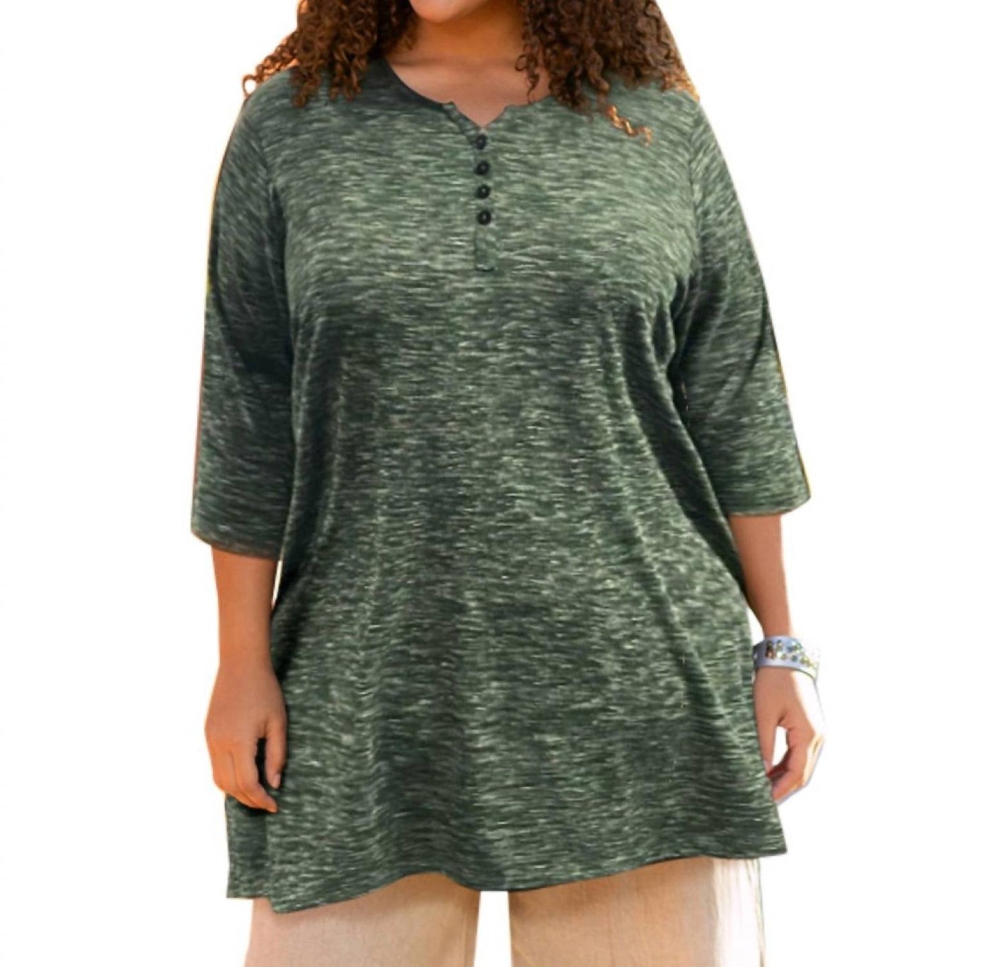 On The Plus Side - Plus Size 3/4 Sleeve Heartwood Henley Tee
