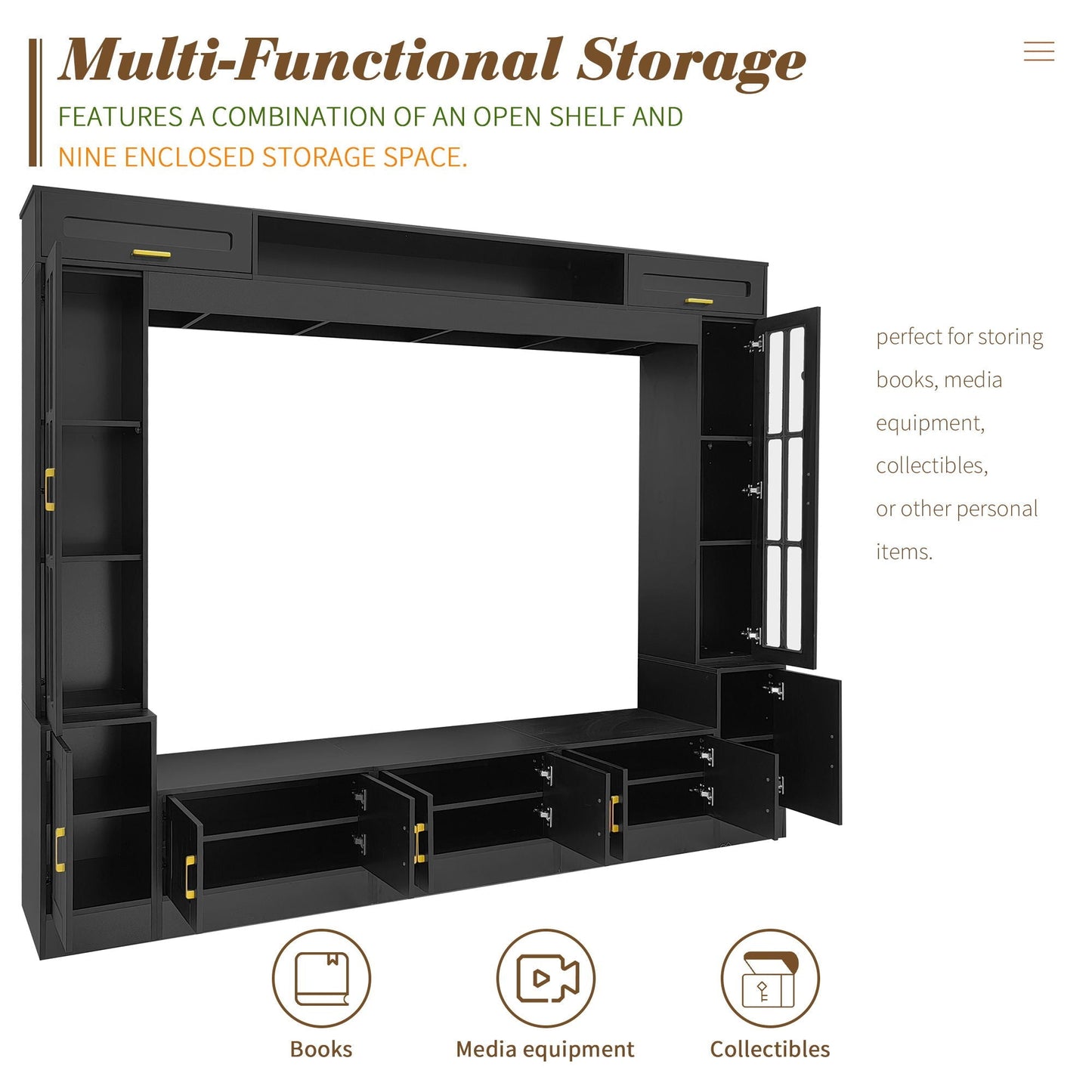 Wall Unit Entertainment Center With Bookshelves For TVs Up To 80"