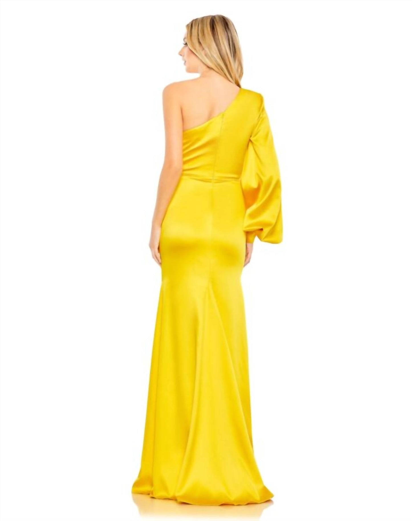 Ieena For Mac Duggal - Yellow One Shoulder Bishop Sleeve Trumpet Gown