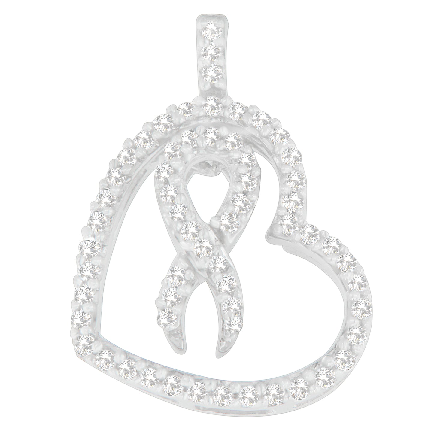 Sterling Silver Round Cut Diamond Heart And Ribbon Pendant Necklace (0.25 Cttw, H-I Color, I1-I2 Clarity)
