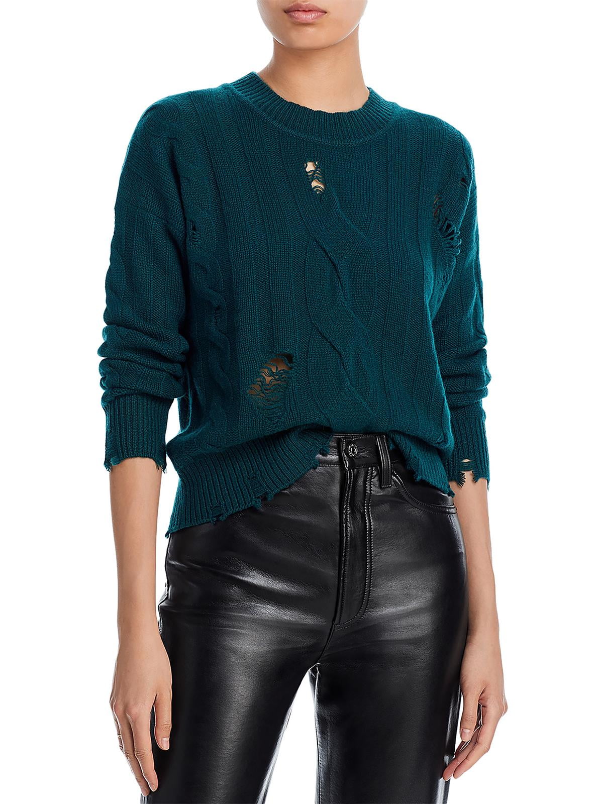 Aqua Cashmere Distressed Cable Crewneck Cashmere Sweater Green Size L