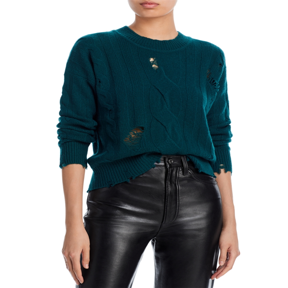 Aqua Cashmere Distressed Cable Crewneck Cashmere Sweater Green Size L
