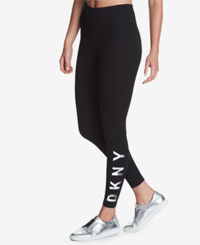 DKNY विमेन्स स्पोर्ट हाई राइज लोगो वर्कआउट फुल लेंथ लेगिंग्स ब्लैक साइज़ मीडियम