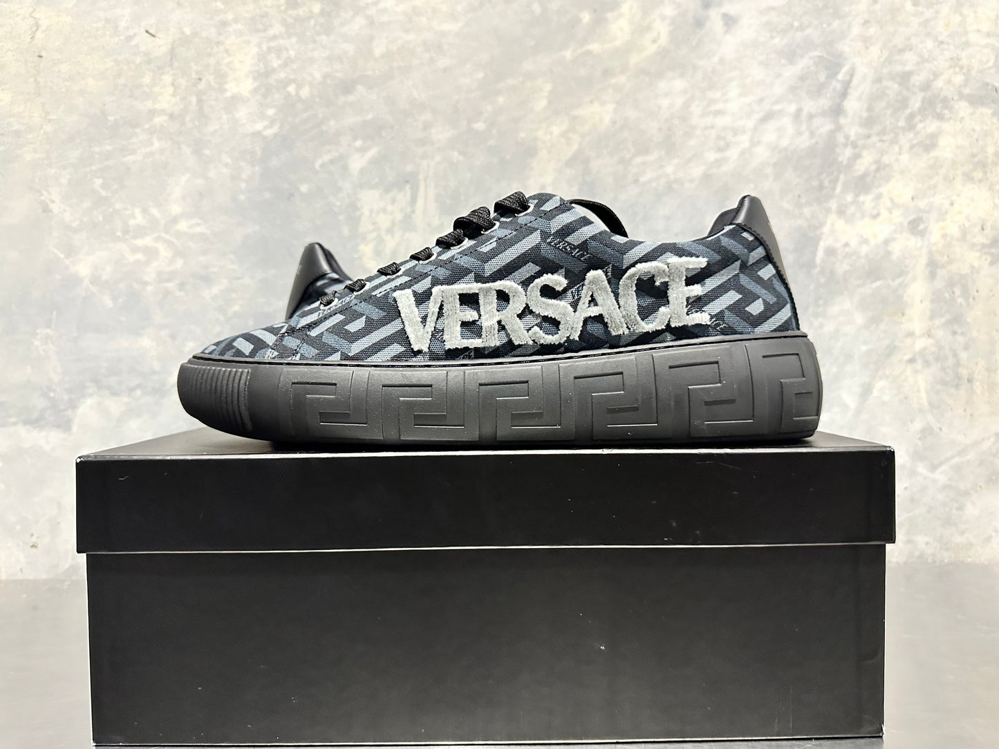 Versace Men's La Greca Lace Up Sneakers Black/Grey Size 14