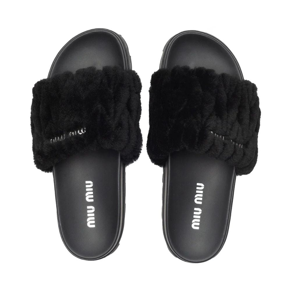 Miu Miu Women's Matelasse Shearling Slide Sandals Black Size 39