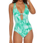 Becca Women's Crystal Plunge Neck One Piece Swimsuit Green Size Large